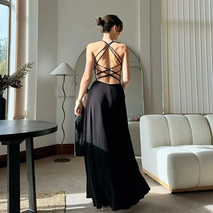 Detailed back view of a black backless dress featuring intricate criss-cross straps
