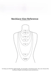 Size chart showing necklace length references from 14 to 33 inches on a model outline