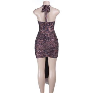 Detail view of leopard print mini dress back featuring halter neck and ruched seam detail