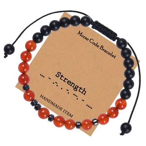 Morse Code Bracelet Carnelian Black Matte Stone Beaded Adjustable Woven Rope Inspirational Message Card Handmade Jewelry