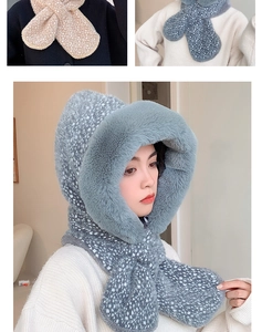 Detail of winter plush hood scarf with snowflake knit pattern and faux rabbit fur trim