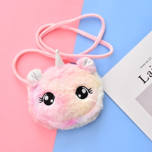 Cute unicorn plush crossbody bag with colorful gradient fur and sequin horn for girls