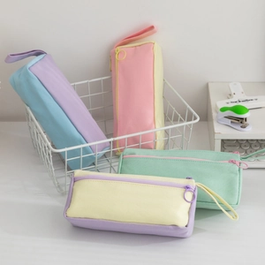 Minimalist large capacity color block canvas pencil pouch with portable handle strap