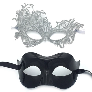 Detail view of silver lace hollow mask and black glossy eye mask set for masquerade