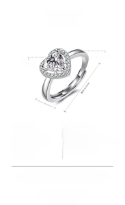 Detailed size specifications for adjustable heart ring with S925 engraving and stones