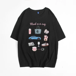 Λεπτομέρεια μαύρου cotton T-shirt με 'Mood of the day' print και ετικέτα μεγέθους L