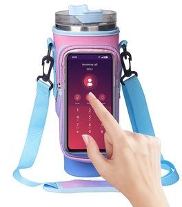 Waterproof water bottle pouch with clear touch-screen phone pocket and blue shoulder strap