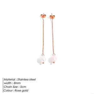 Detail view of 8mm pearl earrings with 5cm rose gold stainless steel chains