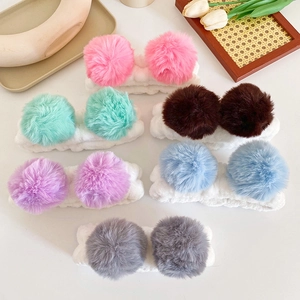Cute Plush Pompom Hairband Soft Flannel Elastic Headband For Face Washing Makeup Skincare Spa Women Girls