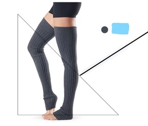 Detail of grey cable-knit thigh-high leg warmers with ribbed texture and stirrup design