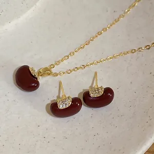 Apple Red Bean Jewelry Necklace And Earrings Copper Gold Plated Zircon Elegant Vintage Style Women Accessories With Silver Earring Post