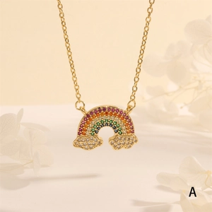 Detailed macro view of a gold rainbow necklace with vibrant zircons and sparkling white clouds