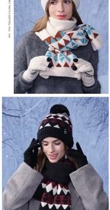 Detailansicht des Winter-Stricksets mit Mütze Schal und Handschuhen und Geometrie-Muster