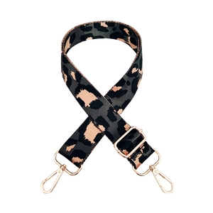 Detail of leopard jacquard nylon bag strap with rose gold lobster clasps and adjusters