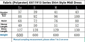 Detailed size guide table for women's polyester shirt midi dress with measurement info