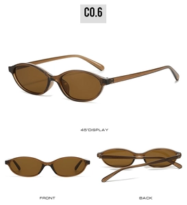 Three-angle display of retro brown oval sunglasses featuring transparent PC frame