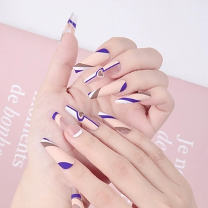 Faux Ongles Longs Cercueil Violet Rose Mat Géométrique Design Cœur Manucure Couverture Complète Pour Femmes