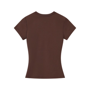 Rear view of a slim-fit dark brown crew neck short sleeve T-shirt with fine texture