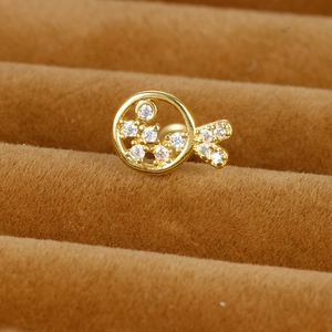 Vue macro de boucles d'oreilles en acier doré avec zircons sur présentoir en velours