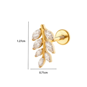 Detailed view of leaf-shaped gold labret stud with marquise cubic zirconia 1.27cm x 0.71cm