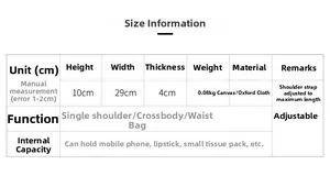 Size chart for canvas fanny pack showing dimensions 29x10x4 cm and adjustable strap detail