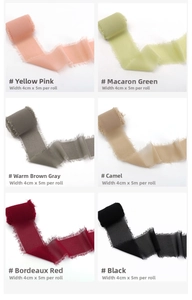 Detail of 4cm wide frayed edge chiffon ribbons in 6 colors for gift floral packaging