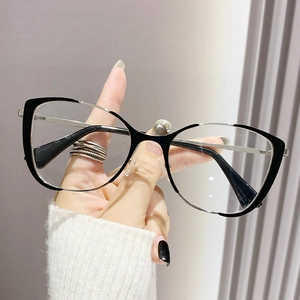 Fashionable black cat-eye glasses with silver metal frames and clear lenses for women