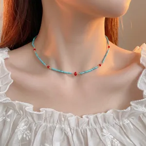 Bohemian turquoise style beaded necklace with red accents worn on a model's neck