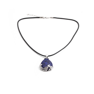 Deep blue waterdrop pendant necklace with silver flower base and black leather cord strap
