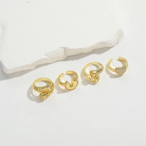 Exaggerated gold heart open ring with cross zircon design and adjustable C-shape band