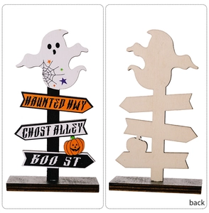 Detail of Halloween wooden signpost with ghost and pumpkin icons on front and back views