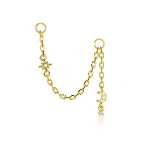 Detail of gold S925 silver chain earrings featuring a sparkling sun and moon charm