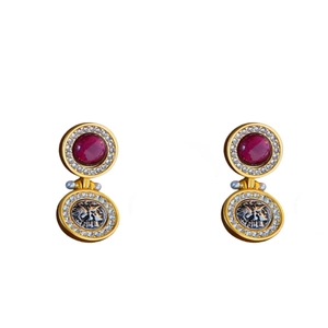 Vintage style portrait coin drop earrings with red ruby and crystal halo on white background