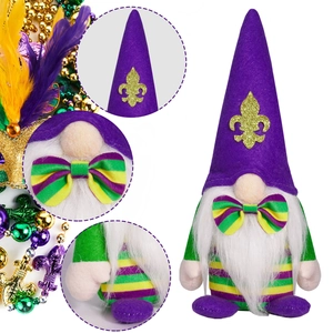Detail of Mardi Gras gnome with fleur-de-lis hat, purple bowtie and plush white beard
