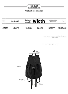 Specifiche dettagliate delle dimensioni per zaino in nylon con misure e dettagli