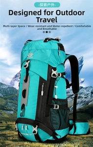 Detail of 60L waterproof trekking backpack with ergonomic straps and buckle system