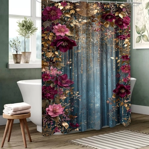 Close-up of waterproof fabric shower curtain featuring blue forest and red floral patterns