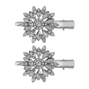 Set of two silver flower hair clips with sparkling rhinestones in a minimalist design