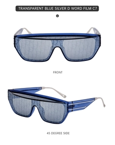 Detailed macro view of square sports sunglasses with blue frame and D-pattern silver lenses