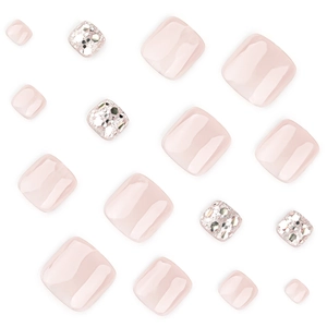 Cat eye glitter press-on toenails featuring jelly pink and silver sequin finish