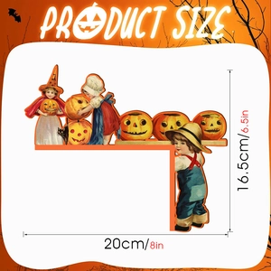 Detailed dimensions of Halloween vintage wooden door corner decor with pumpkin illustration