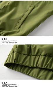 Dettaglio giacca verde oliva con tasche a filo laterali e orlo elastico a coste