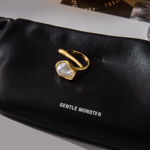 Elegant 18K gold-plated stainless steel open ring with a large white baroque pearl