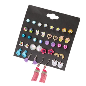 20-pair colorful earring set featuring rhinestone studs and unicorn dangles on black card