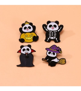 Set of 4 cute Halloween panda enamel pins featuring pumpkin and witch themes