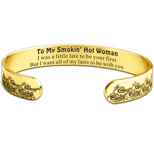 Golden stainless steel cuff bracelet with vintage wave engraving and romantic message