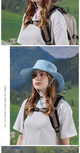Dettaglio cappello parasole azzurro con rete traspirante e cinturino regolabile