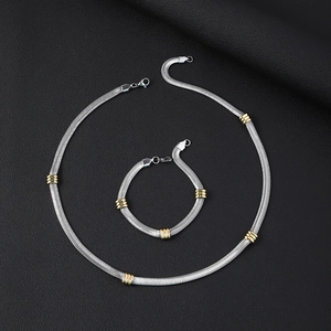 Minimalist 6mm two-tone stainless steel flat snake chain necklace and bracelet jewelry set