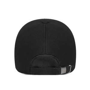 Rear view of black winter thermal baseball cap for men with adjustable metal buckle strap