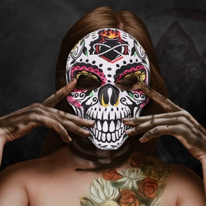 Sugar skull mask with floral patterns and burning heart for Halloween party decoration